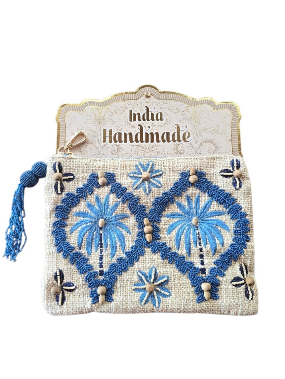 India Handmade Blue Beaded Palm Tree Clutch